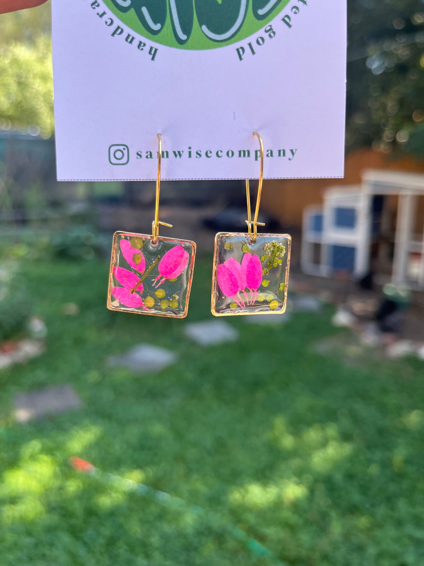 Pink Floral Earrings 14K Gold Plated Square