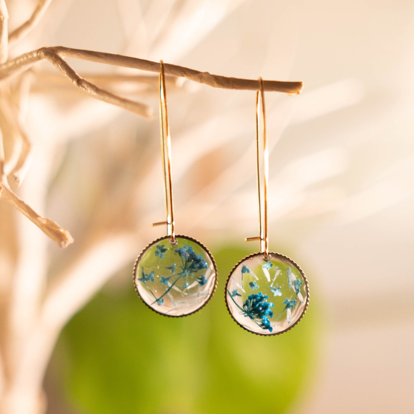 Blue and Gold Circular Floral Earrings 14K Gold Plated