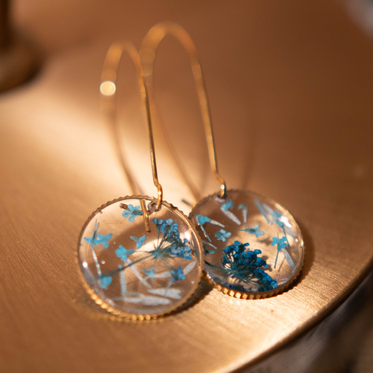 Blue and Gold Circular Floral Earrings 14K Gold Plated