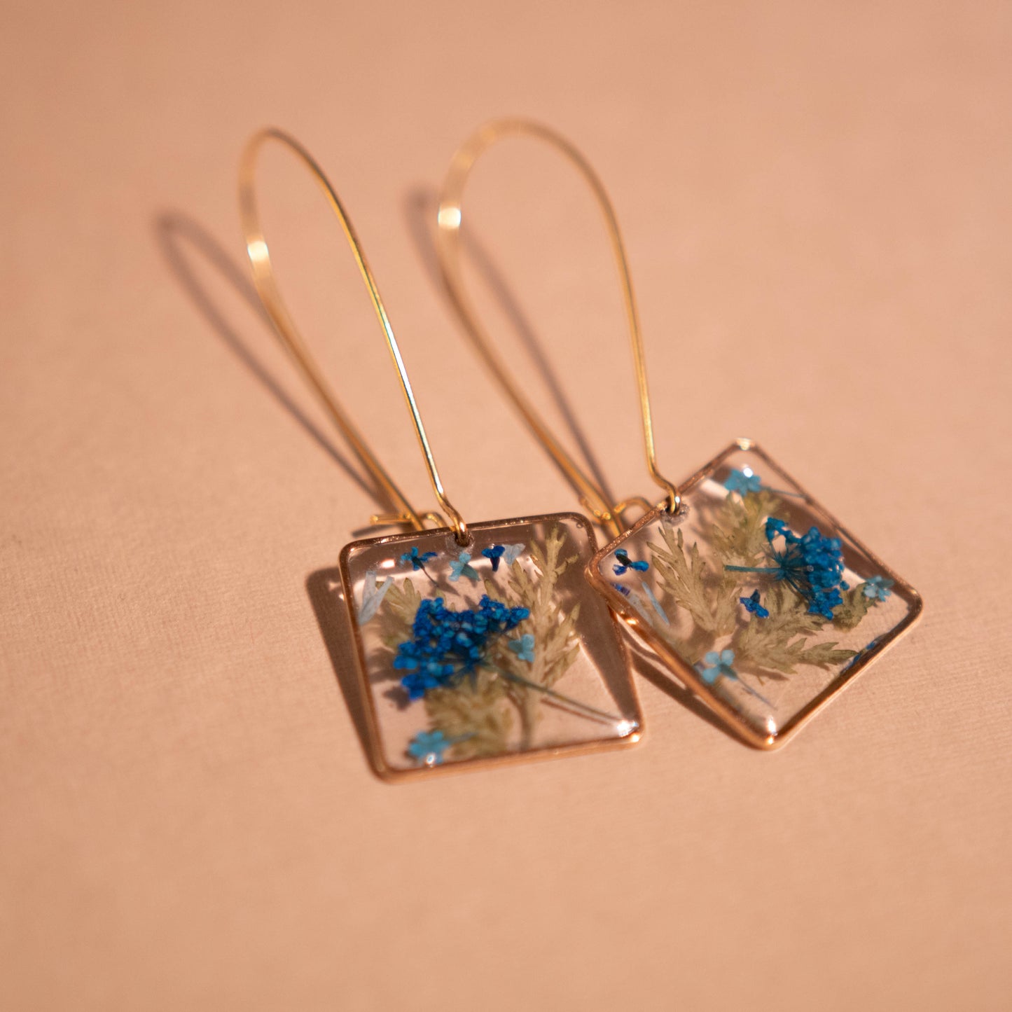 Blue and Gold Rectangular Floral Earrings 14K Gold Plated