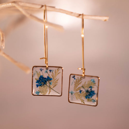 Blue and Gold Rectangular Floral Earrings 14K Gold Plated