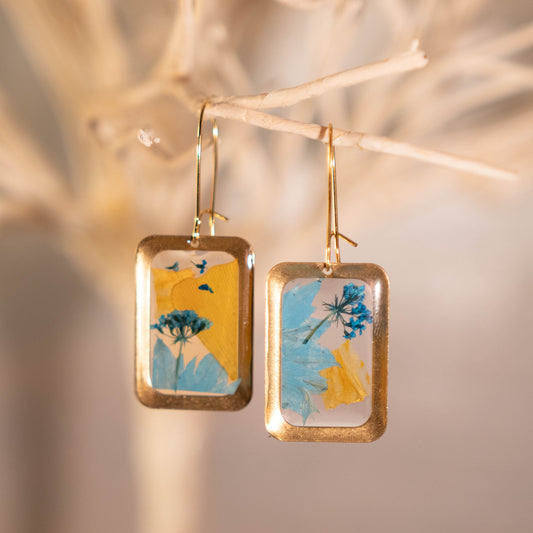 Blue and Yellow Gold Rectangular Floral Earrings 14K Gold Plated