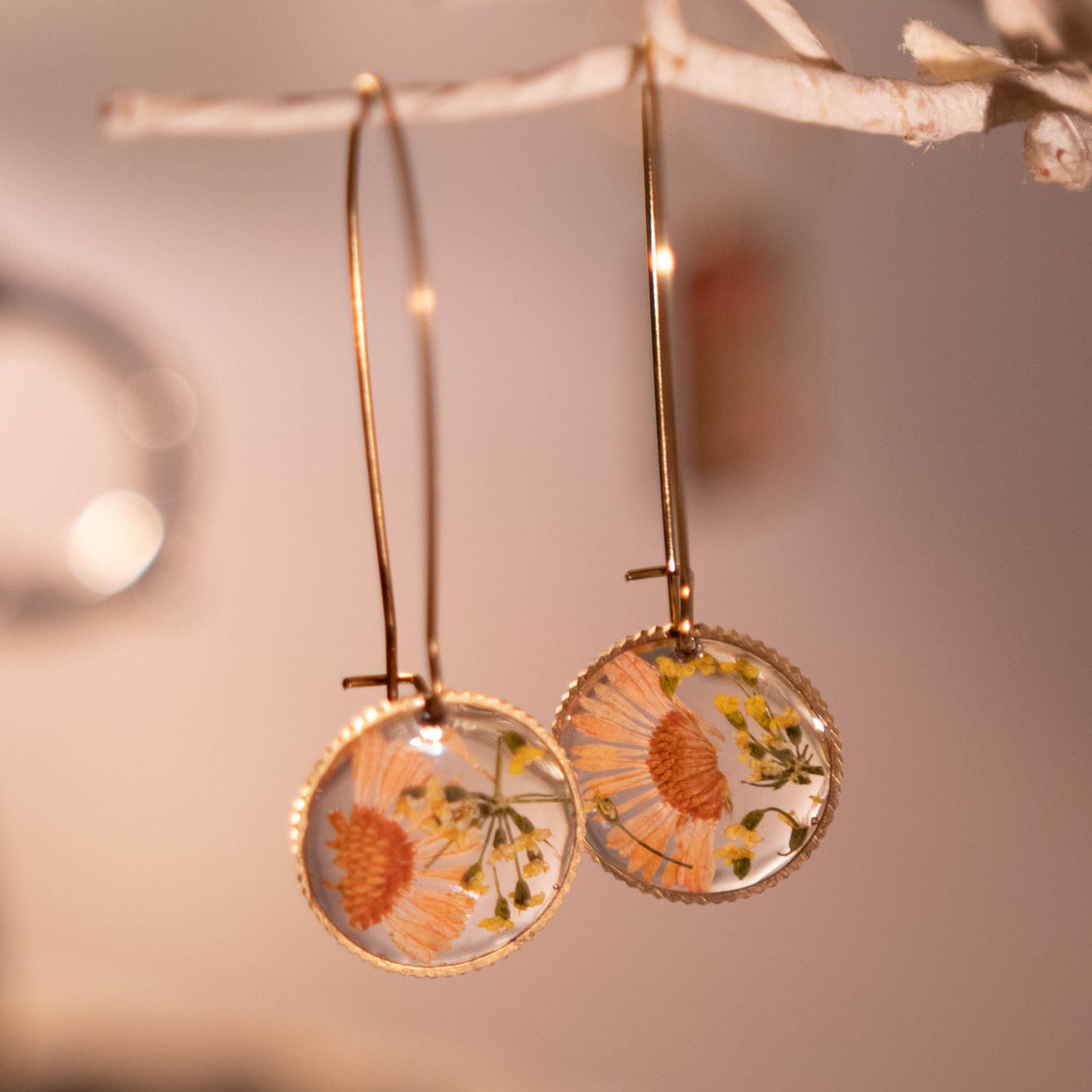 Orange and Gold Circular Floral Earrings 14K Gold Plated