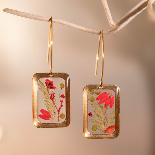 Red and Gold Rectangular Floral Earrings 14K Gold Plated