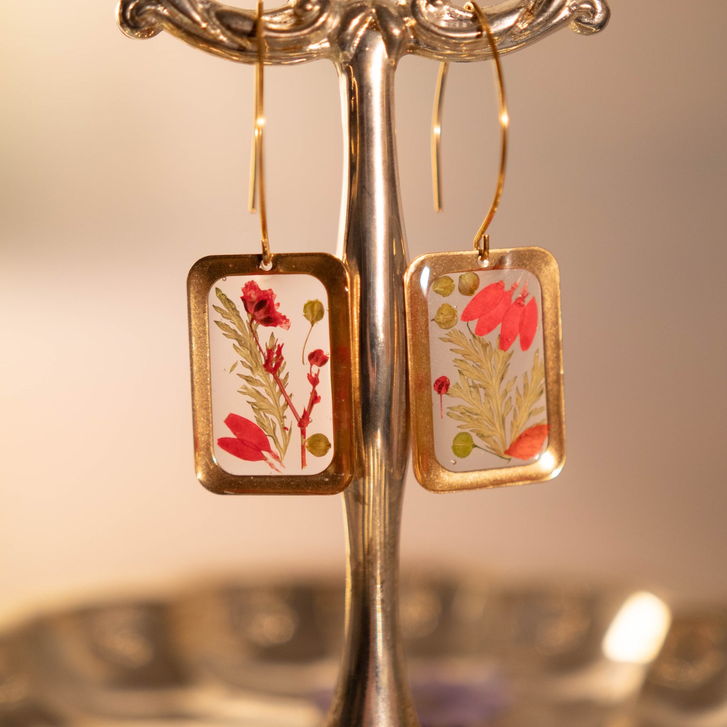 Red and Gold Rectangular Floral Earrings 14K Gold Plated