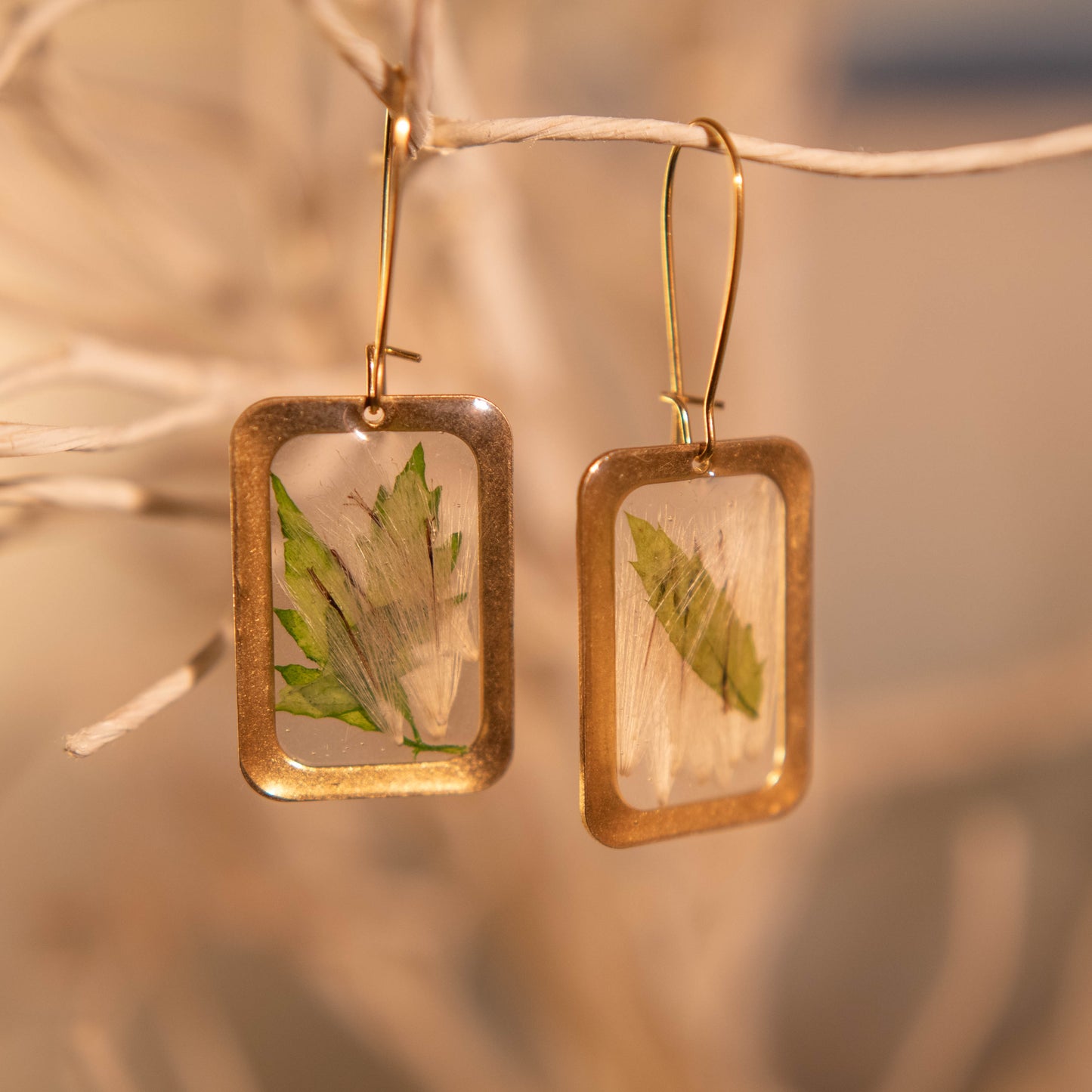 Thistles and Gold Rectangular Floral Earrings 14K Gold Plated