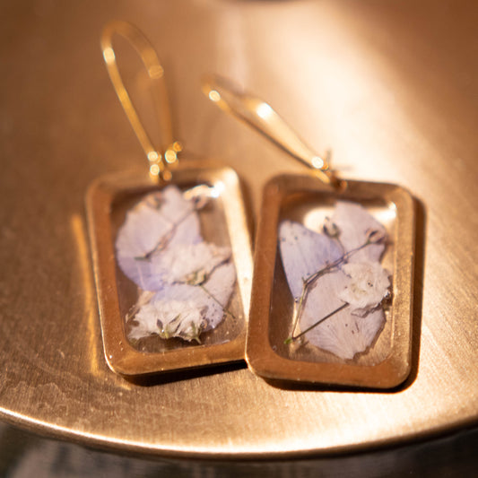 Violet and Gold Rectangular Floral Earrings 14K Gold Plated