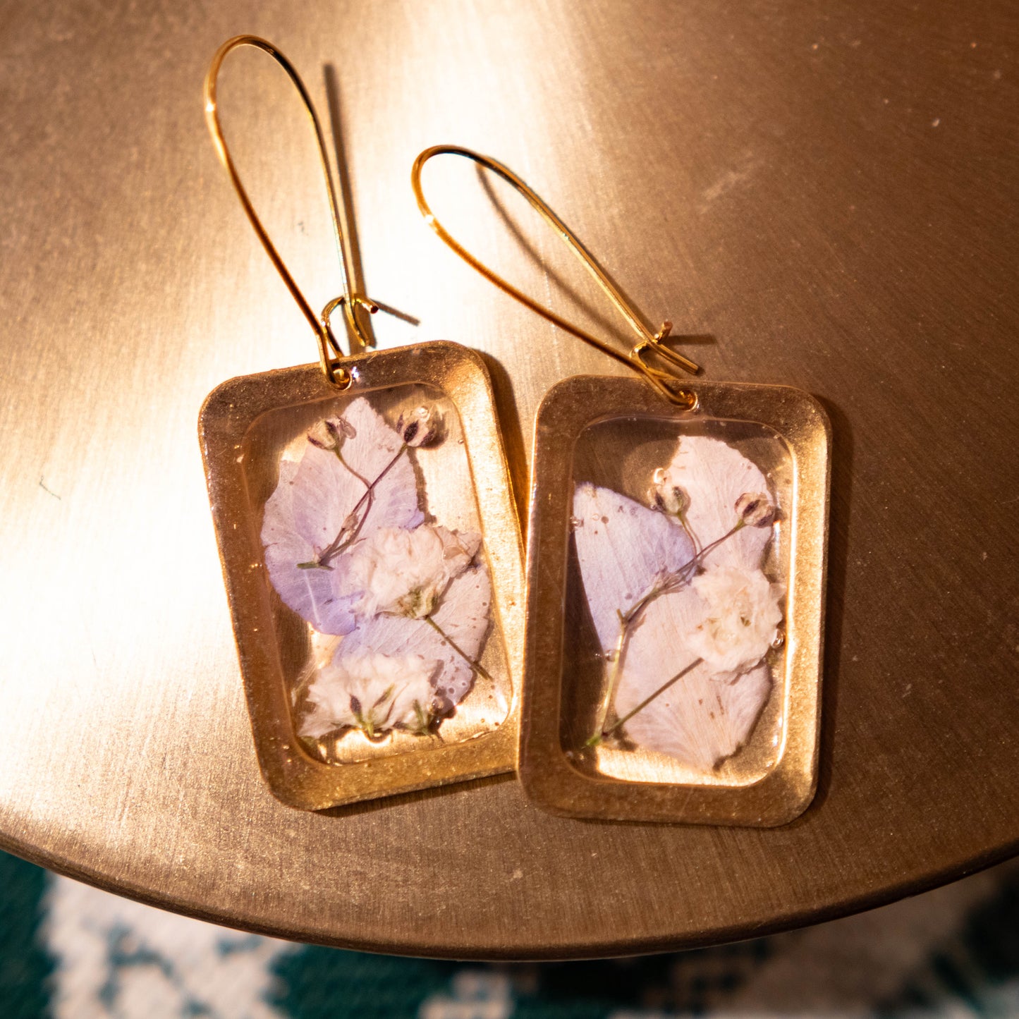 Violet and Gold Rectangular Floral Earrings 14K Gold Plated