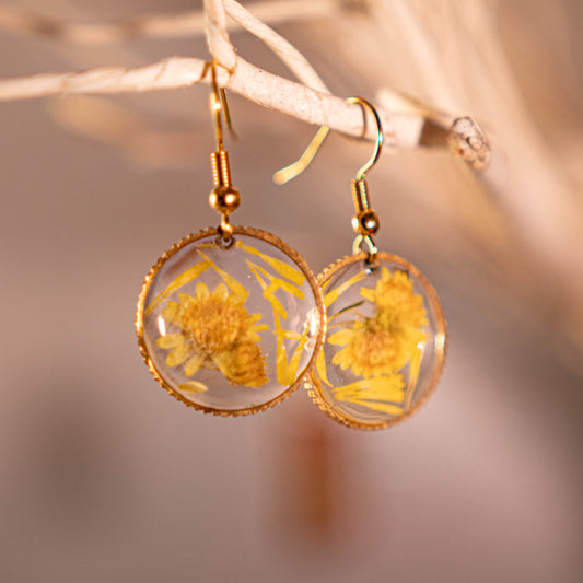 Yellow and Gold Circular Floral Earrings 14K Gold Plated