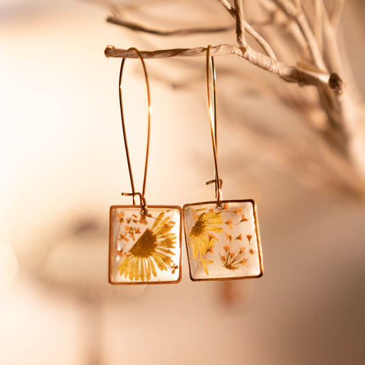 Yellow and Gold Square Floral Earrings 14K Gold Plated